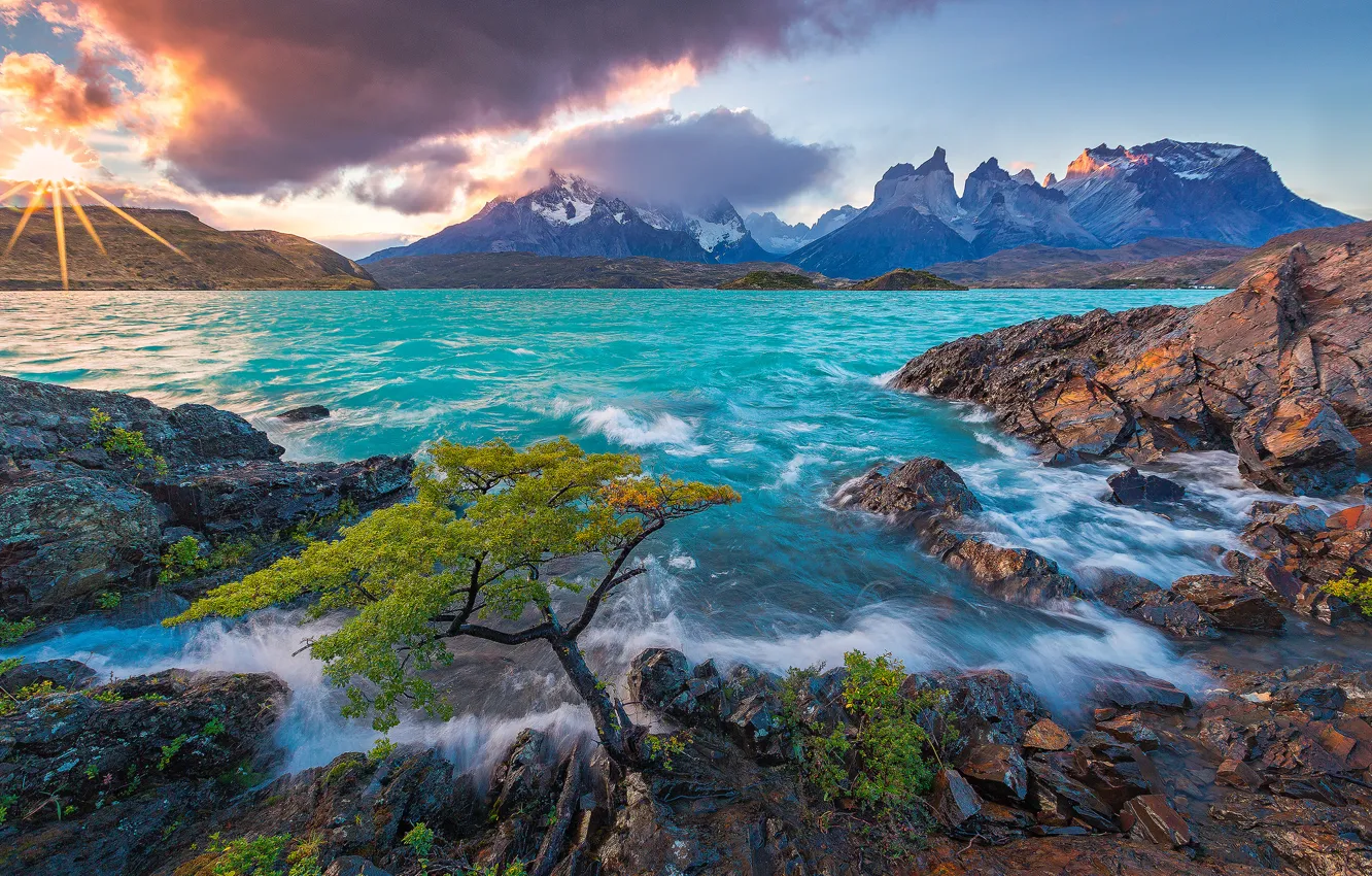 Фото обои закат, горы, озеро, Чили, Chile, Patagonia, Патагония, Lake Pehoe
