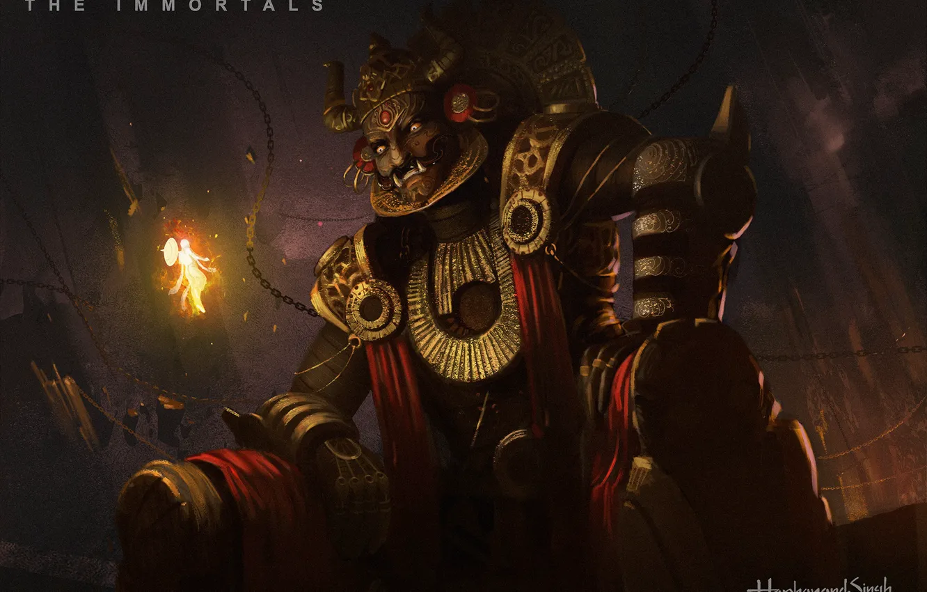 Фото обои взгляд, существо, клыки, The immortal Mahabali, bali throne