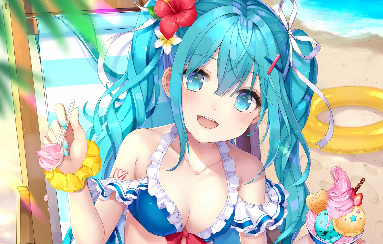 Фото обои girl, sexy, Hatsune Miku, cleavage, beach, Vocaloid, long hair, sea
