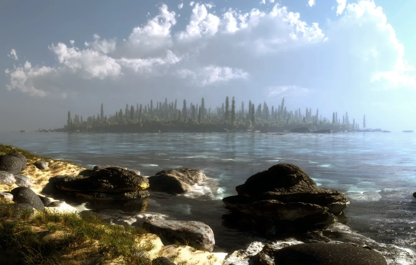 Фото обои лес, вода, облака, деревья, пейзаж, озеро, камни, остров