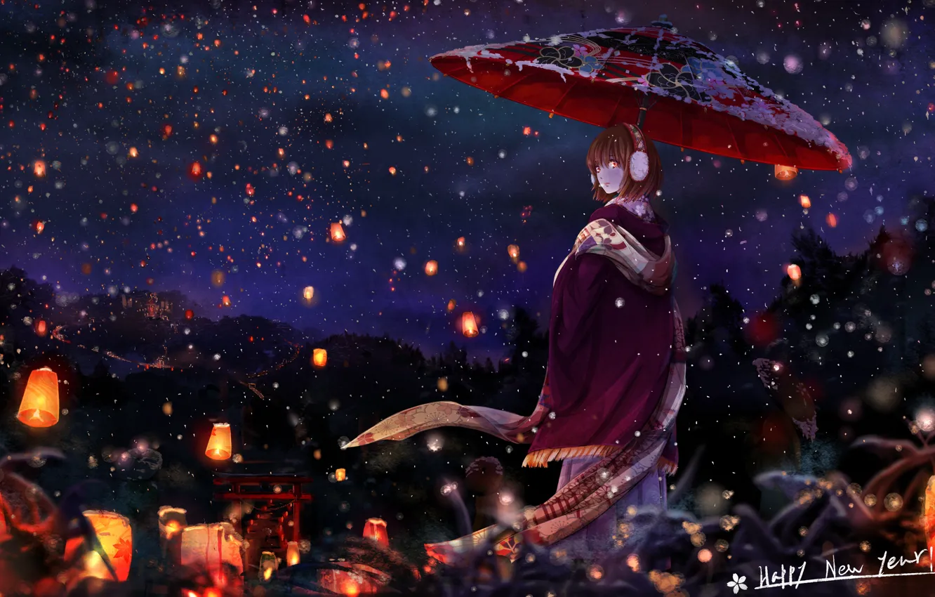 Фото обои девочка, красные фонари, снег, зима, накидка, зонт, Япония, ночь, шарф, ворота тории, в полоборота