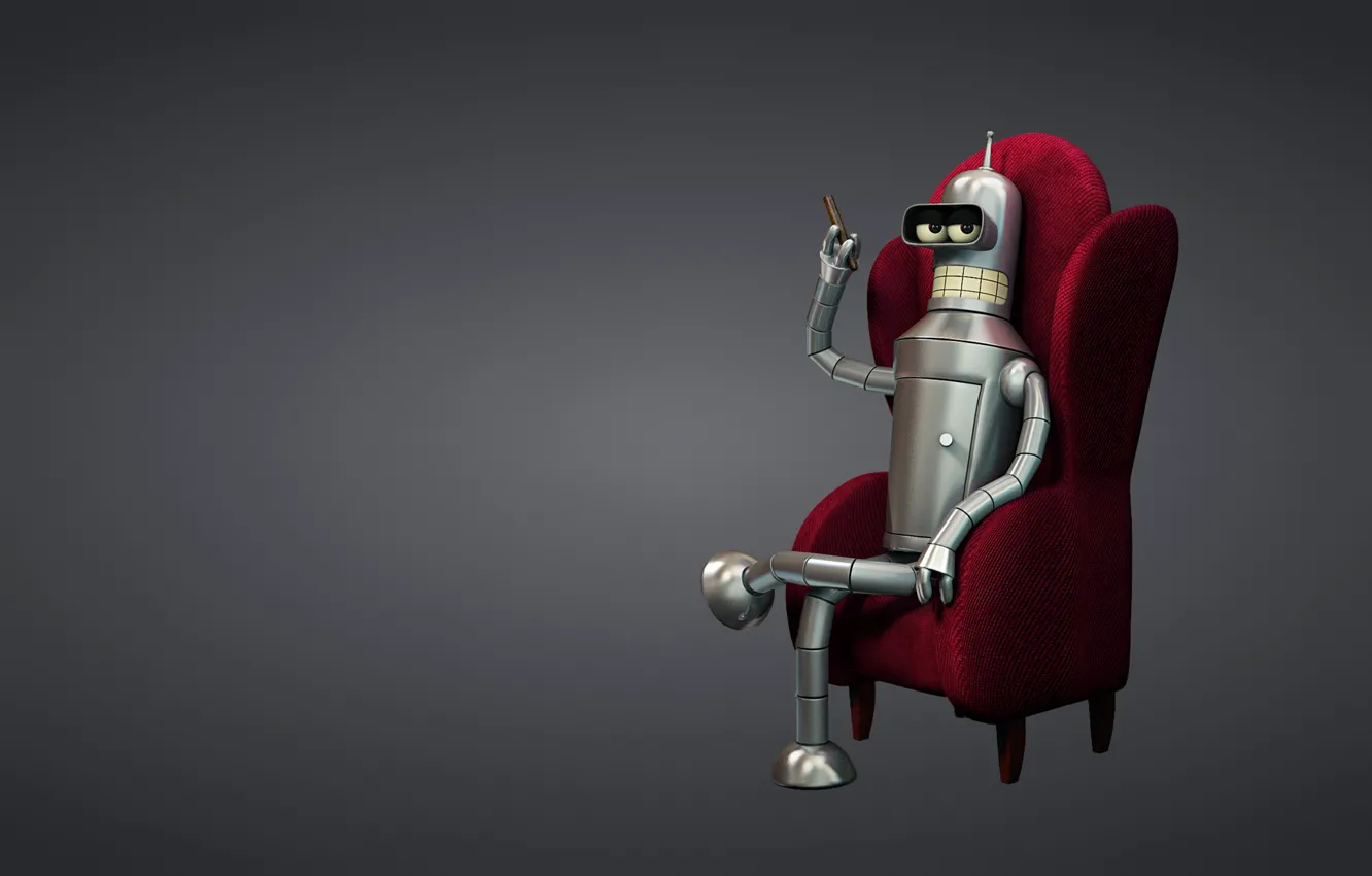 Фото обои красное, робот, кресло, сигара, Футурама, Futurama, Bender Bending Rodriguez, Бе́ндер Сгибальщик Родри́гес