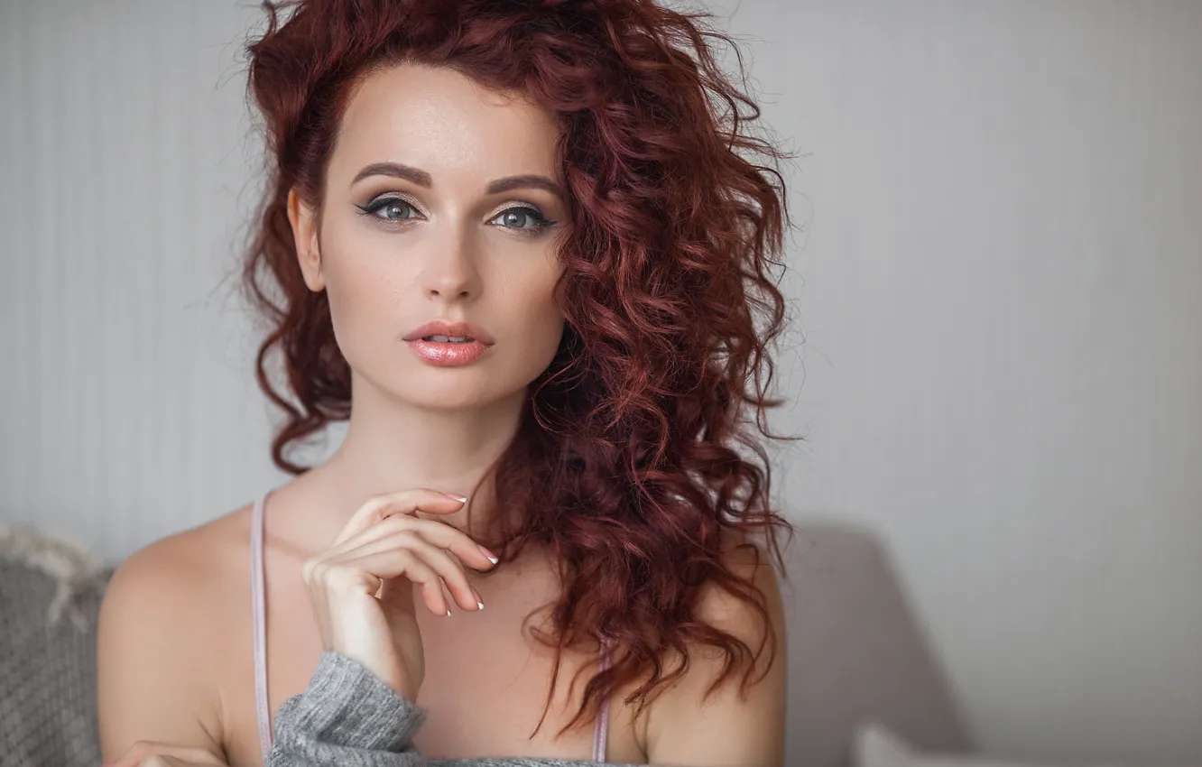 Фото обои девушка, лицо, волосы, макияж, кудряшки, рыжие