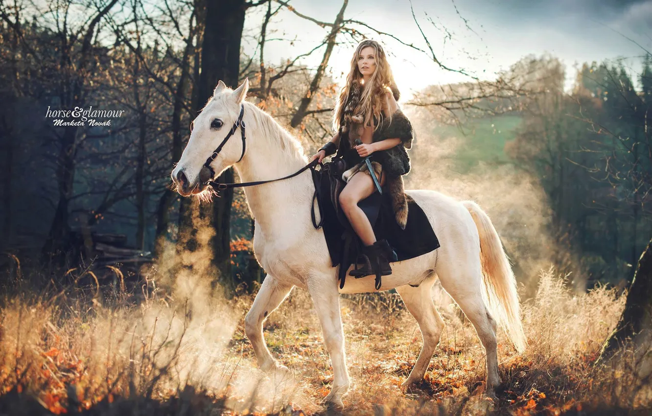 Фото обои взгляд, девушка, солнце, природа, волосы, лошадь, блондинка, мех