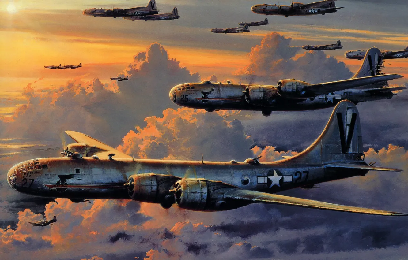 Фото обои небо, облака, рисунок, бомбардировщики, Вторая мировая война, американские, стратегические, &ampquot;Boeing&ampquot; B-29 &ampquot;Superfortress&ampquot;