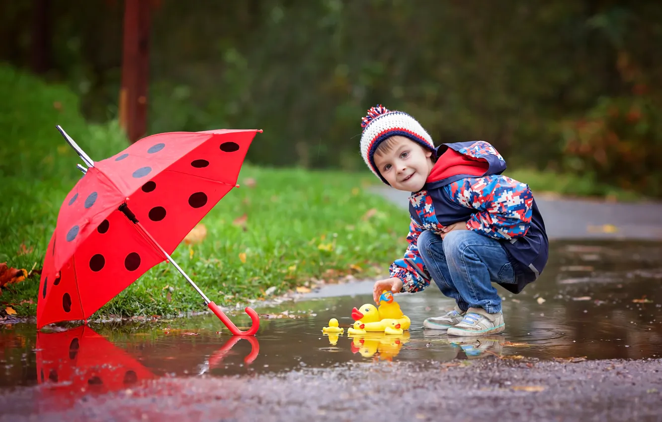 Фото обои осень, дождь, улица, игрушка, ребенок, зонт, мальчик, куртка