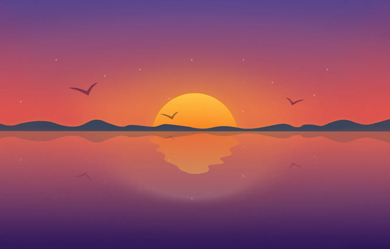 Фото обои закат, птицы, вектор, горизонт