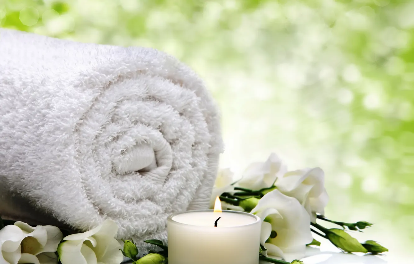Фото обои relax, flowers, bath, спа, candle, spa, towel