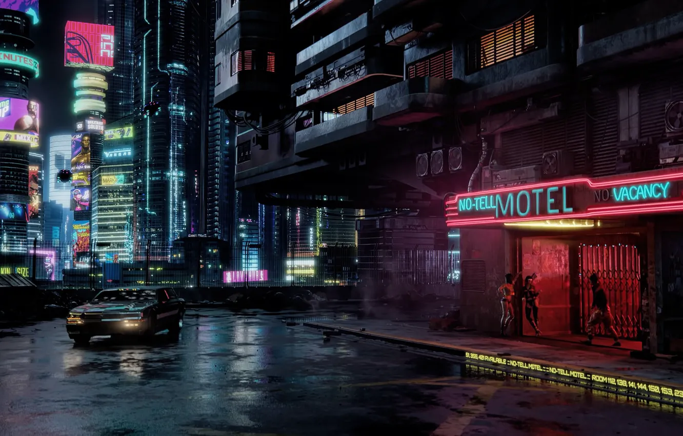 Фото обои машина, ночь, город, огни, Cyberpunk 2077, Киберпанк, Киберпанк 2077