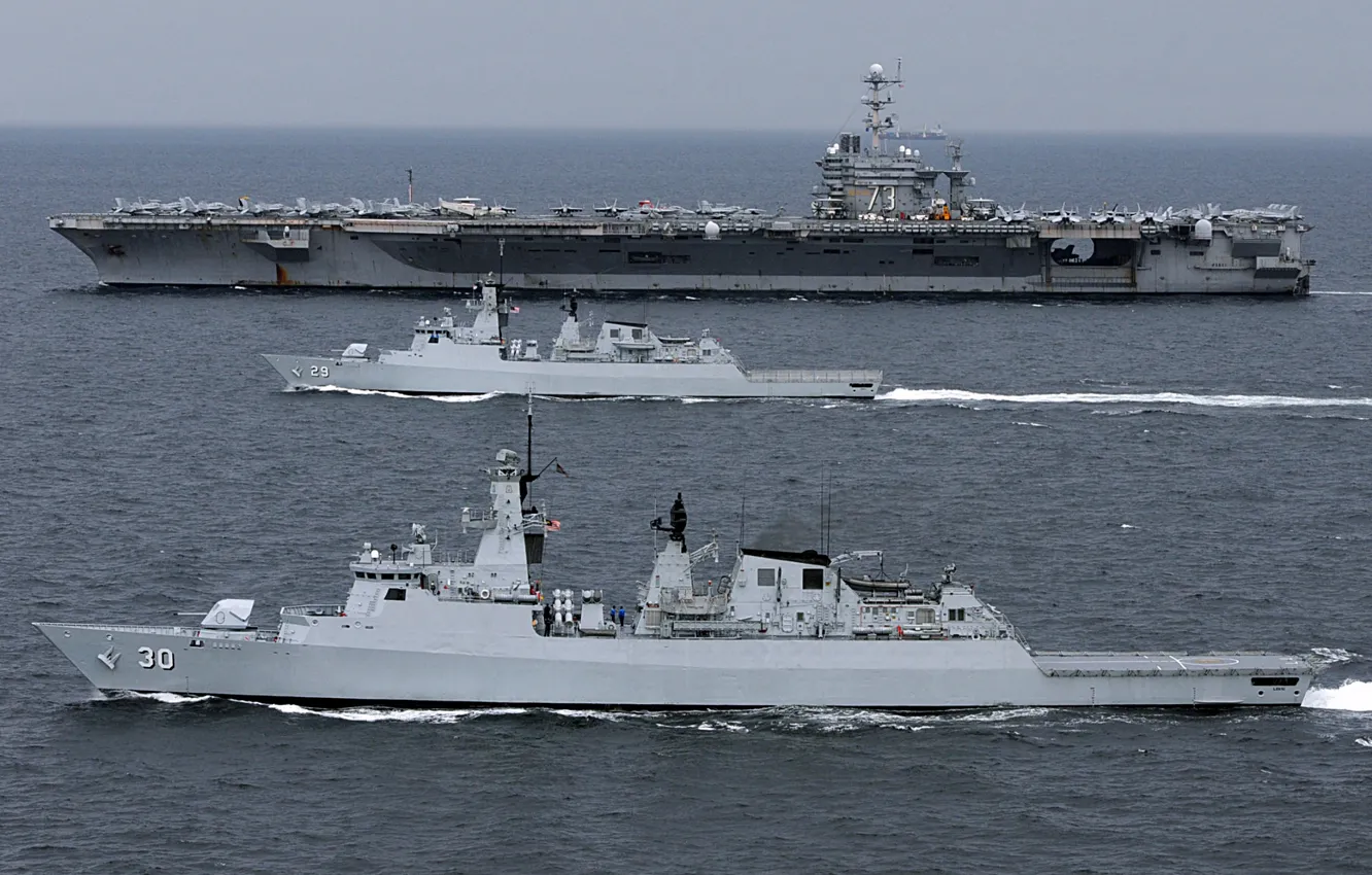 Фото обои фрегаты, kd lekiu, атомный авианосец, kd jebat, uss george washington
