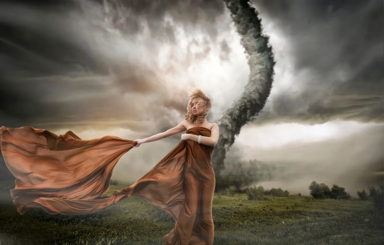 Фото обои девушка, ветер, смерч, ураган, торнадо, непогода