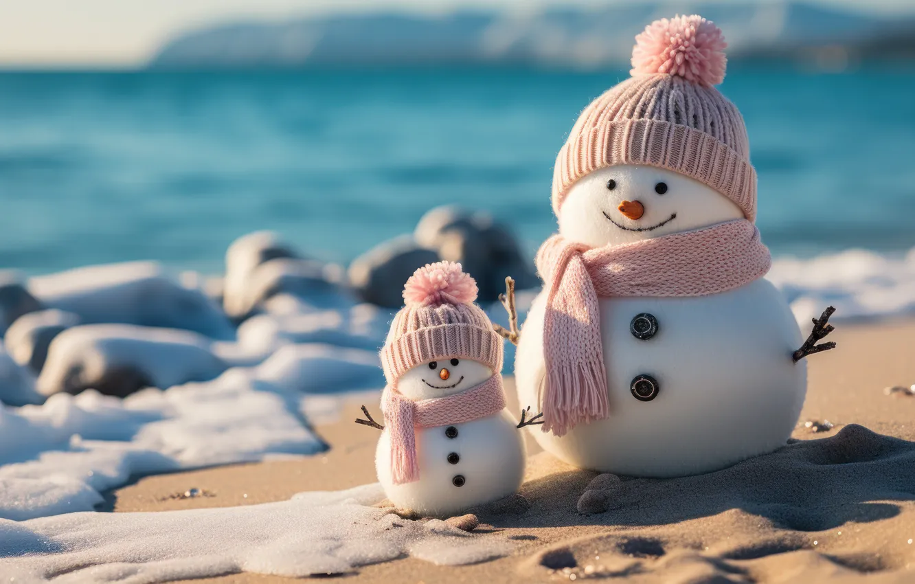 Фото обои песок, море, пляж, снег, снеговик, christmas, happy, beach