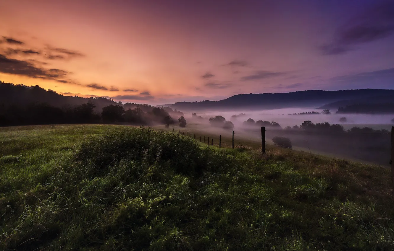 Фото обои поле, лето, закат, ночь, туман
