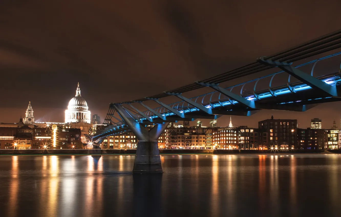 Фото обои мост, город, огни, Лондон, Темза, London, Thames, Millenium Bridge