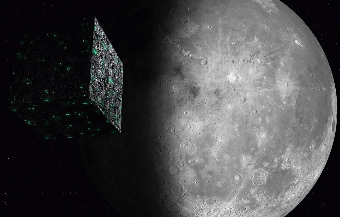 Фото обои космос, луна, space, moon, Star Trek, kosmos, Звёздный путь, Borg Cube
