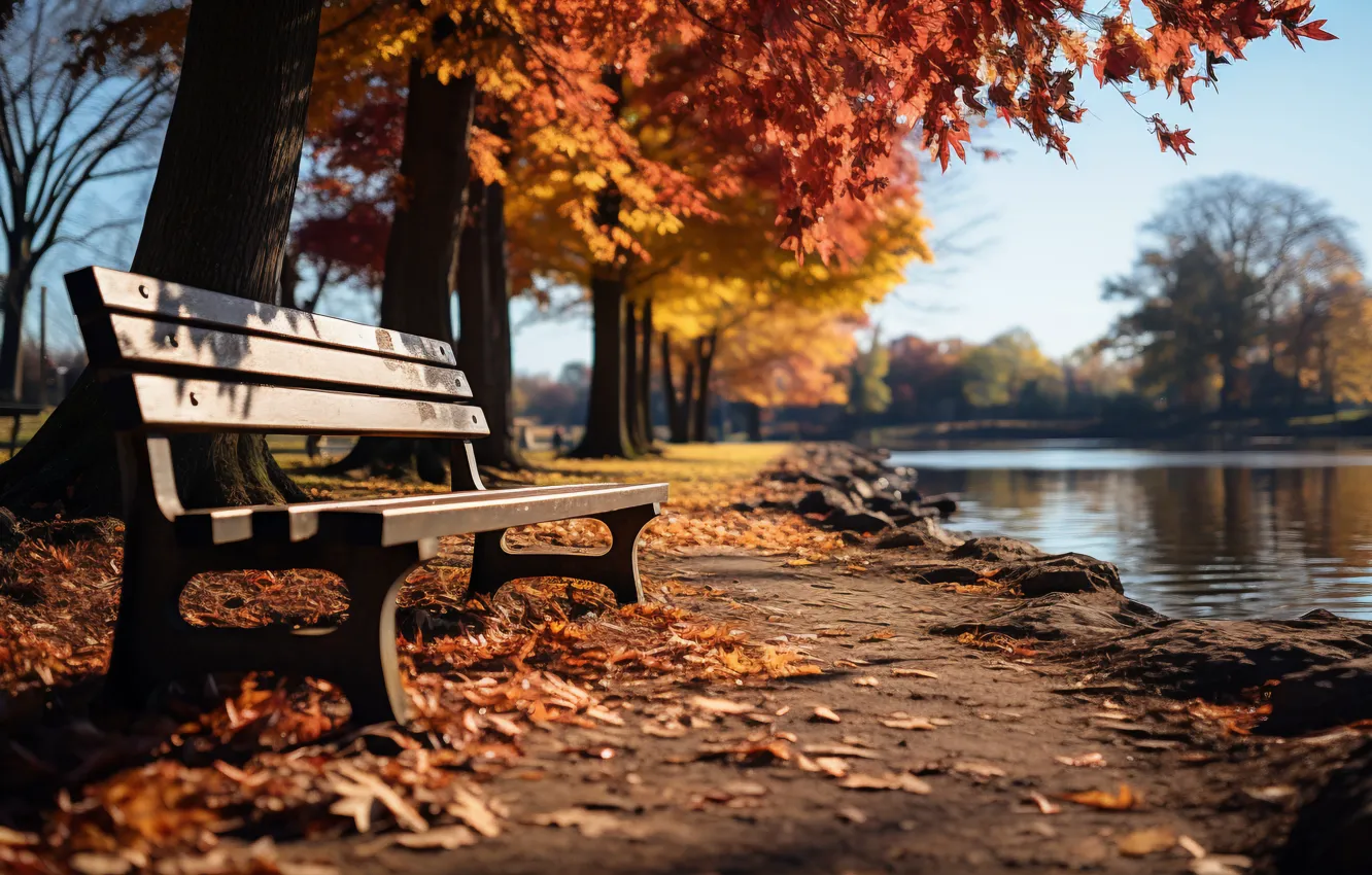Фото обои осень, листья, скамейка, парк, nature, park, autumn, leaves
