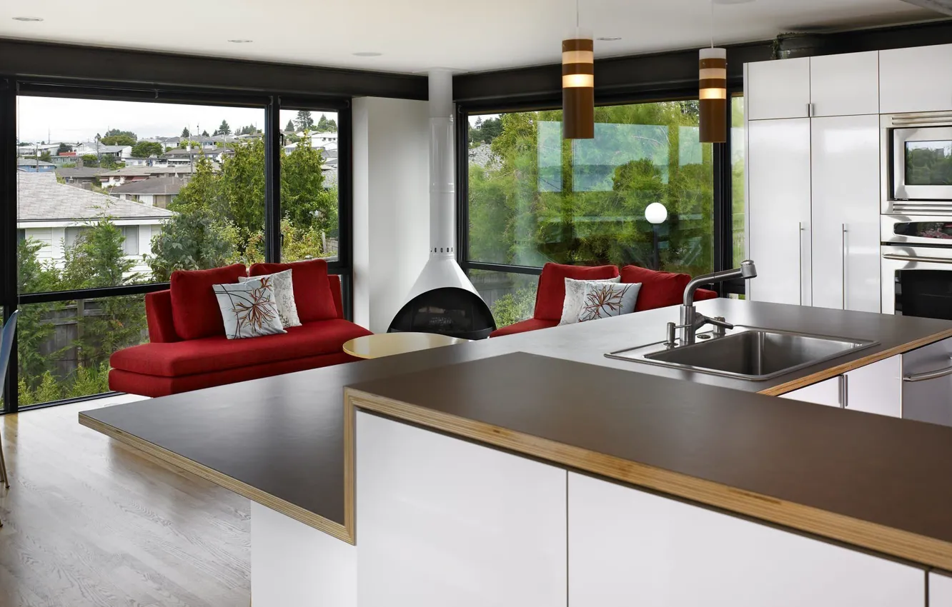 Фото обои дизайн, стиль, интерьер, кухня, камин, Сиэтл, Washington, гостиная