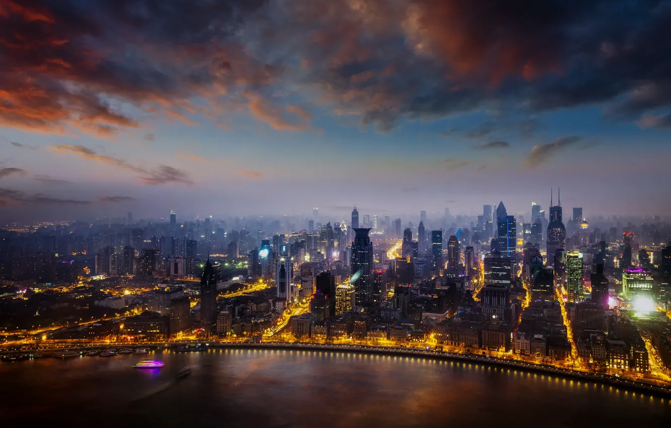 Фото обои city, lights, China, Shanghai, twilight, sky, sea, sunset