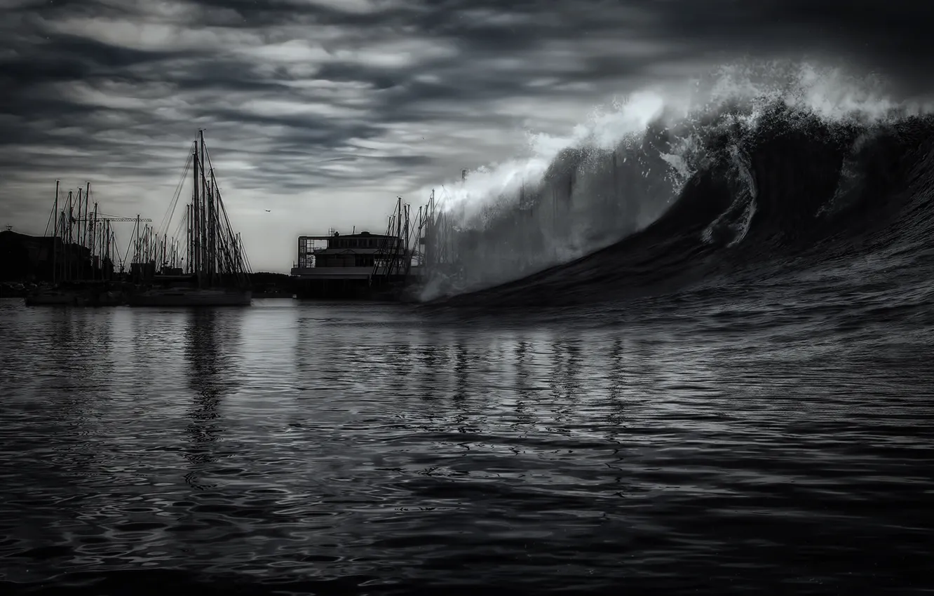 Фото обои волны, небо, шторм, стихия, яхта