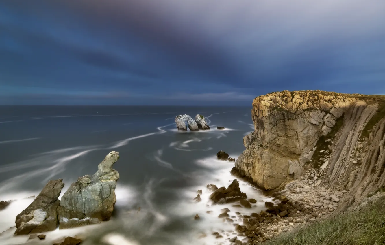 Фото обои пейзаж, камни, обрыв, океан, скалы, горизонт