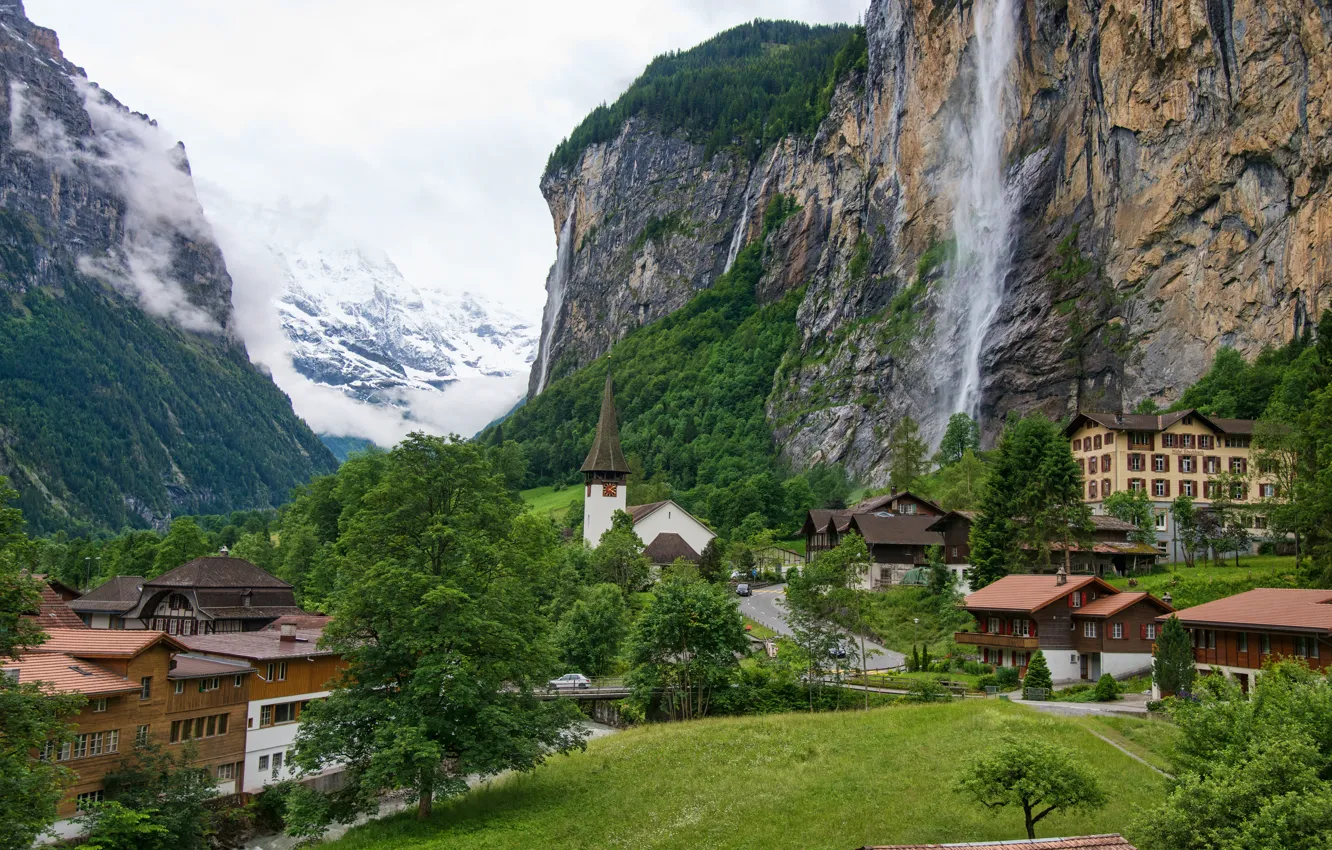 Фото обои дорога, небо, горы, водопад, дома, долина, швейцария, switzerland