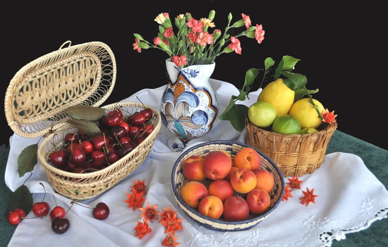 Фото обои цветы, ваза, фрукты, натюрморт