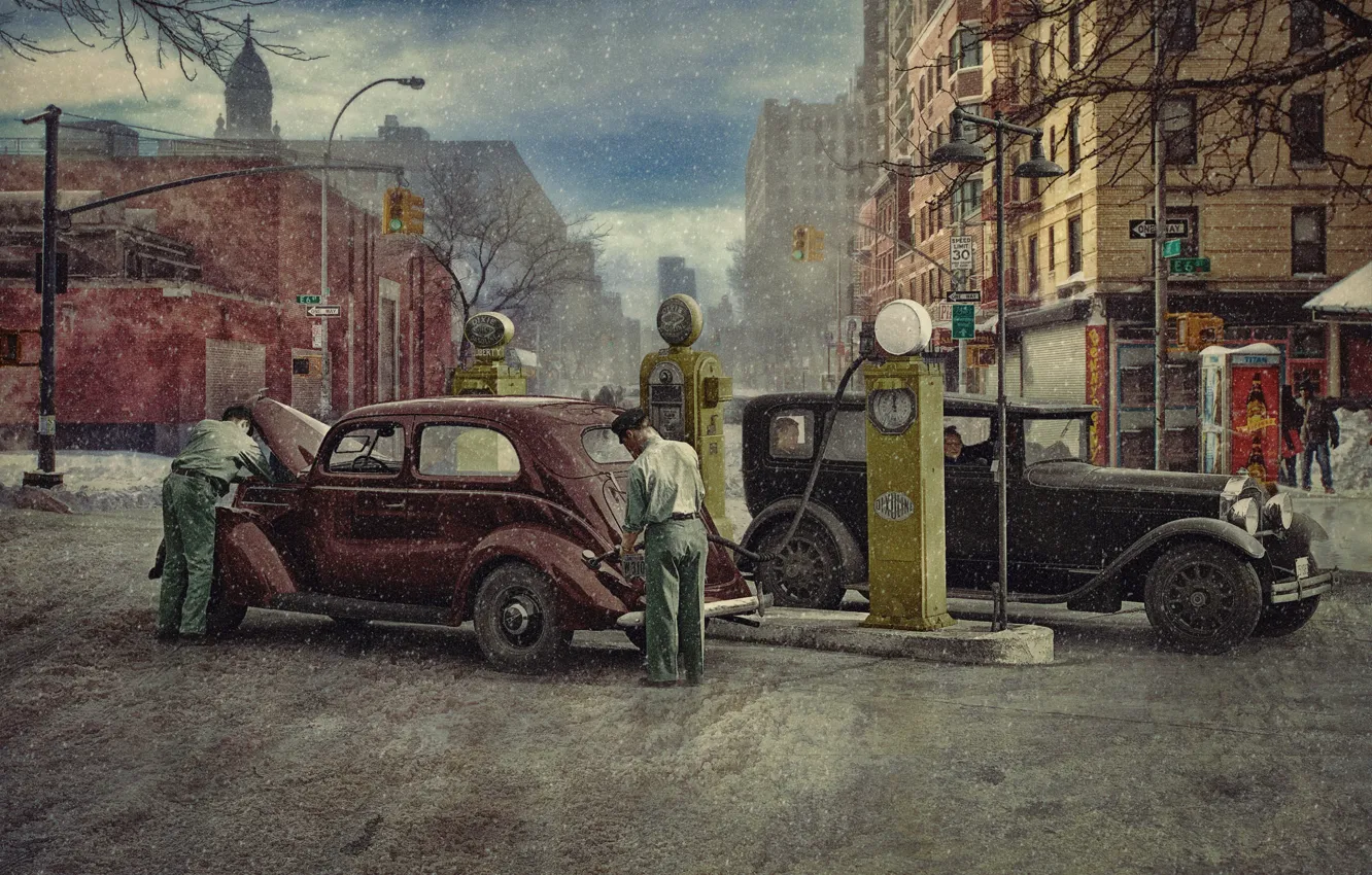 Фото обои зима, город, ретро, люди, автомобили, автозаправка, 1930