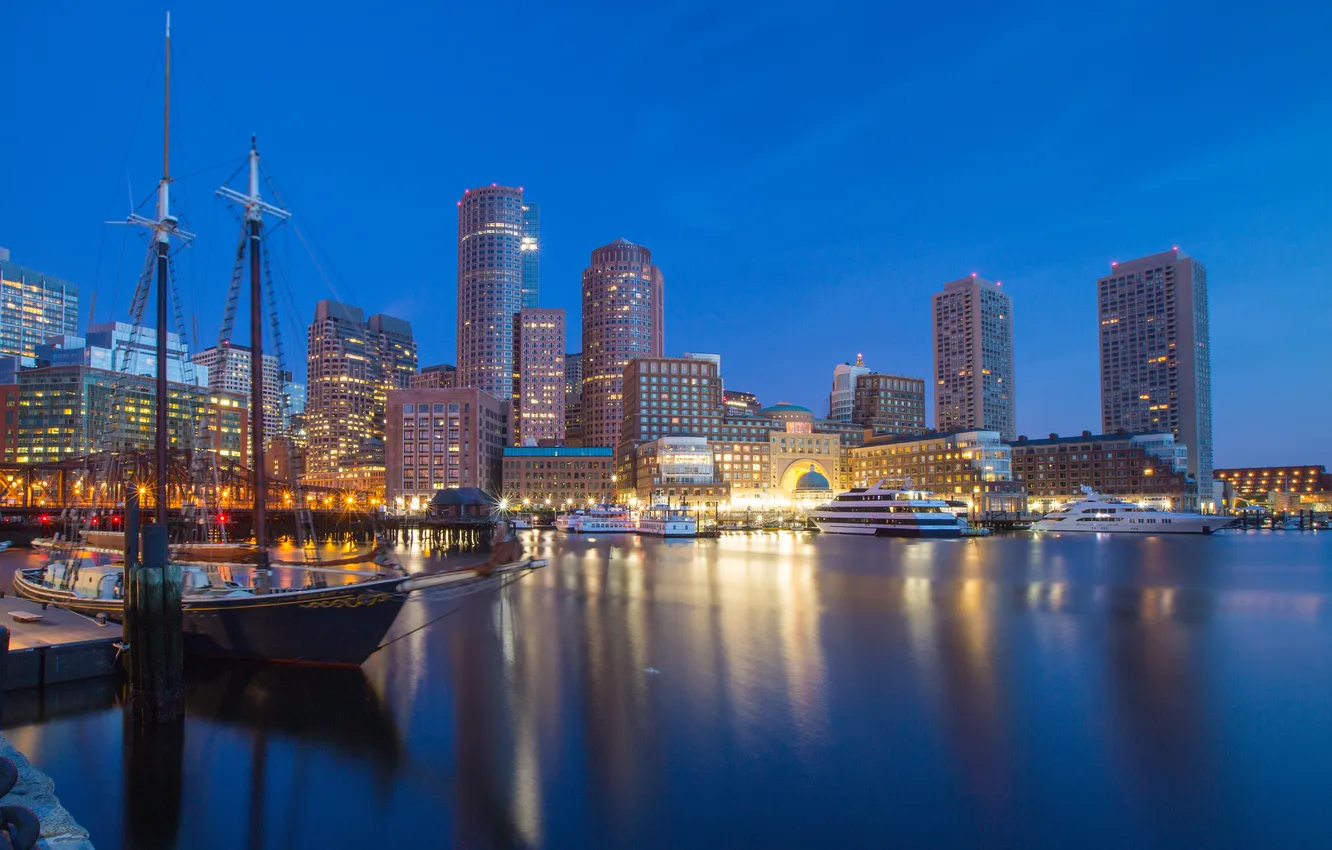 Фото обои яхты, ночной город, небоскрёбы, Бостон, Boston, Massachusetts, Массачусетс, Boston Harbor