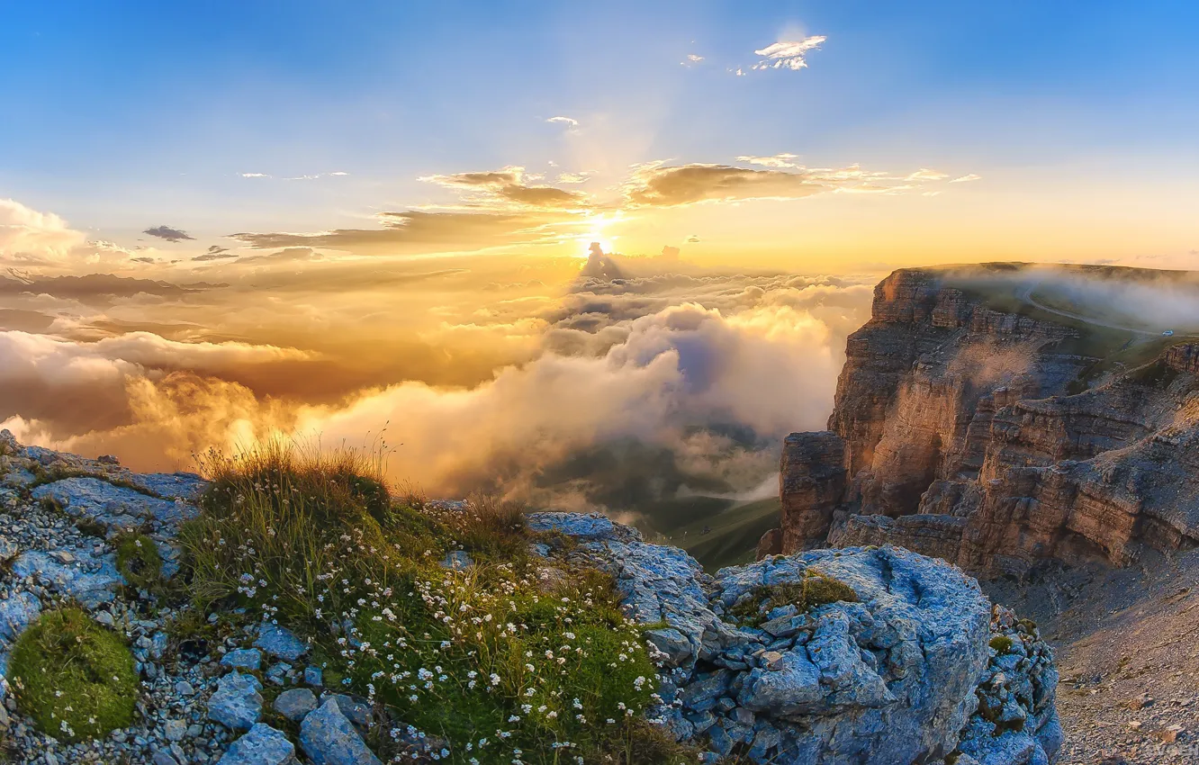 Фото обои облака, пейзаж, закат, горы, природа, Кавказ, Евгений Триско