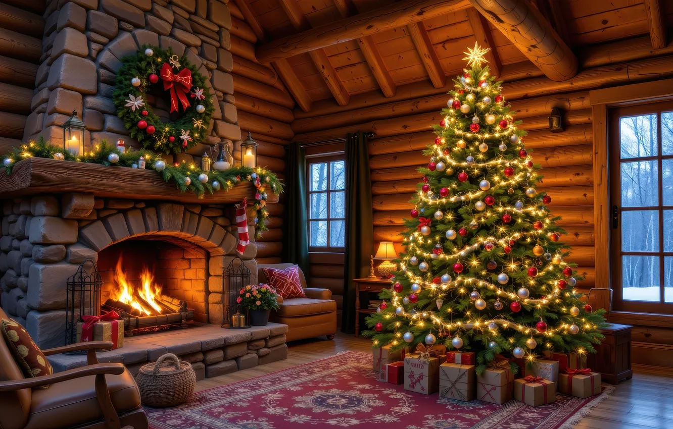 Фото обои шарики, комната, ковер, мебель, новый год, интерьер, окно, Рождество