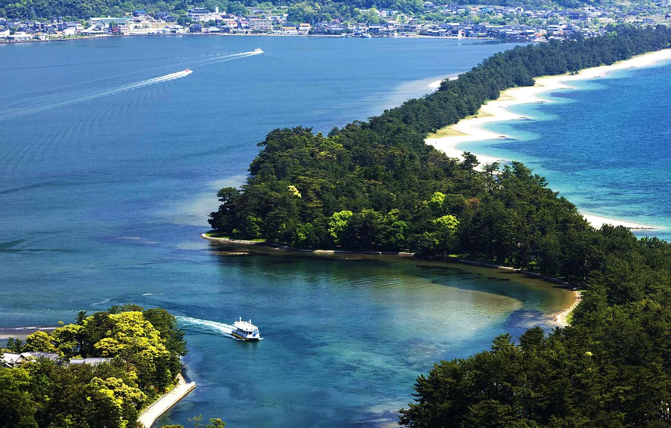 Фото обои корабль, Япония, коса, залив Мияцу, Аманохасидатэ