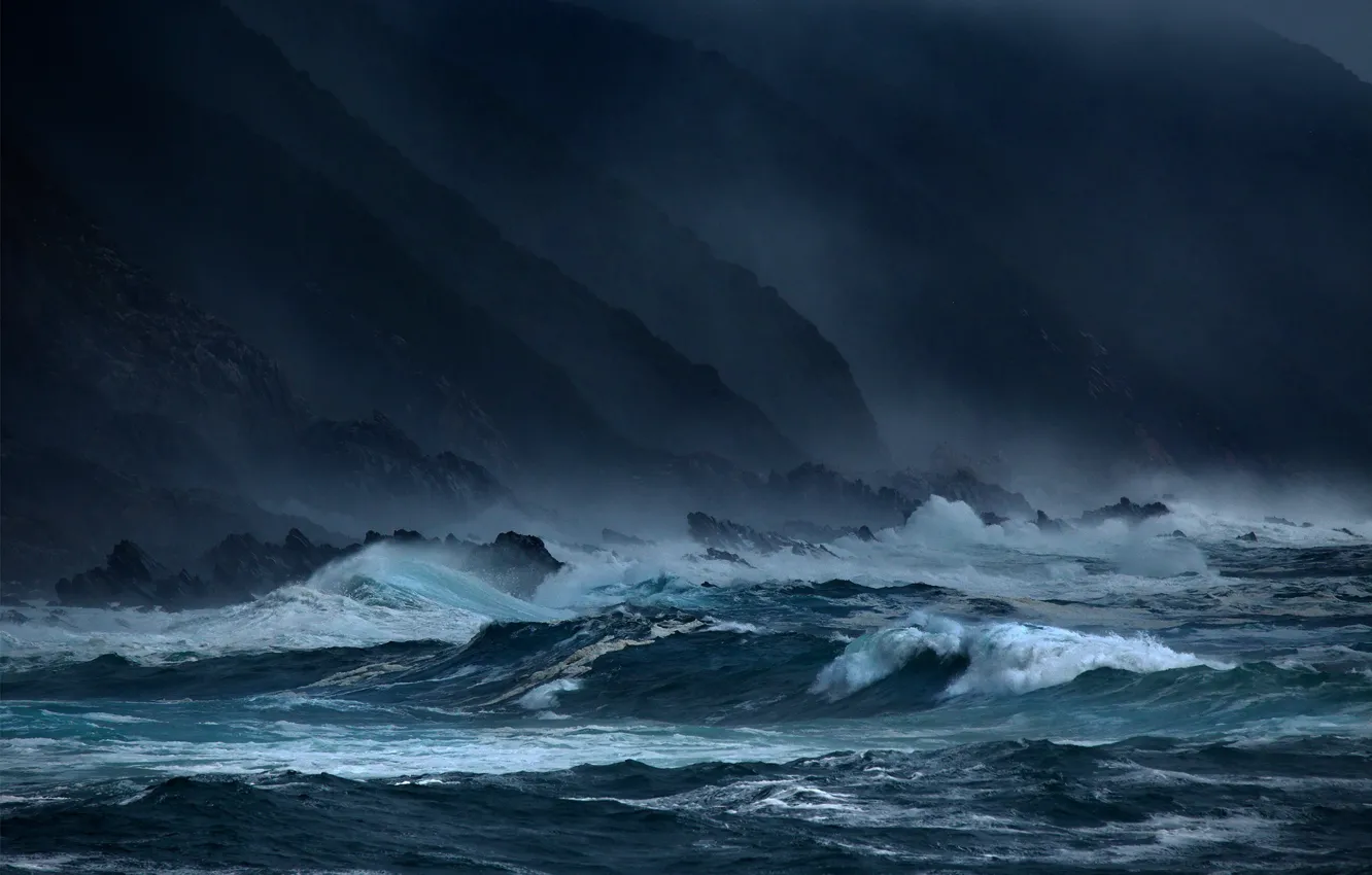 Фото обои море, волны, шторм, скалы, вечер, dark, waves, storm