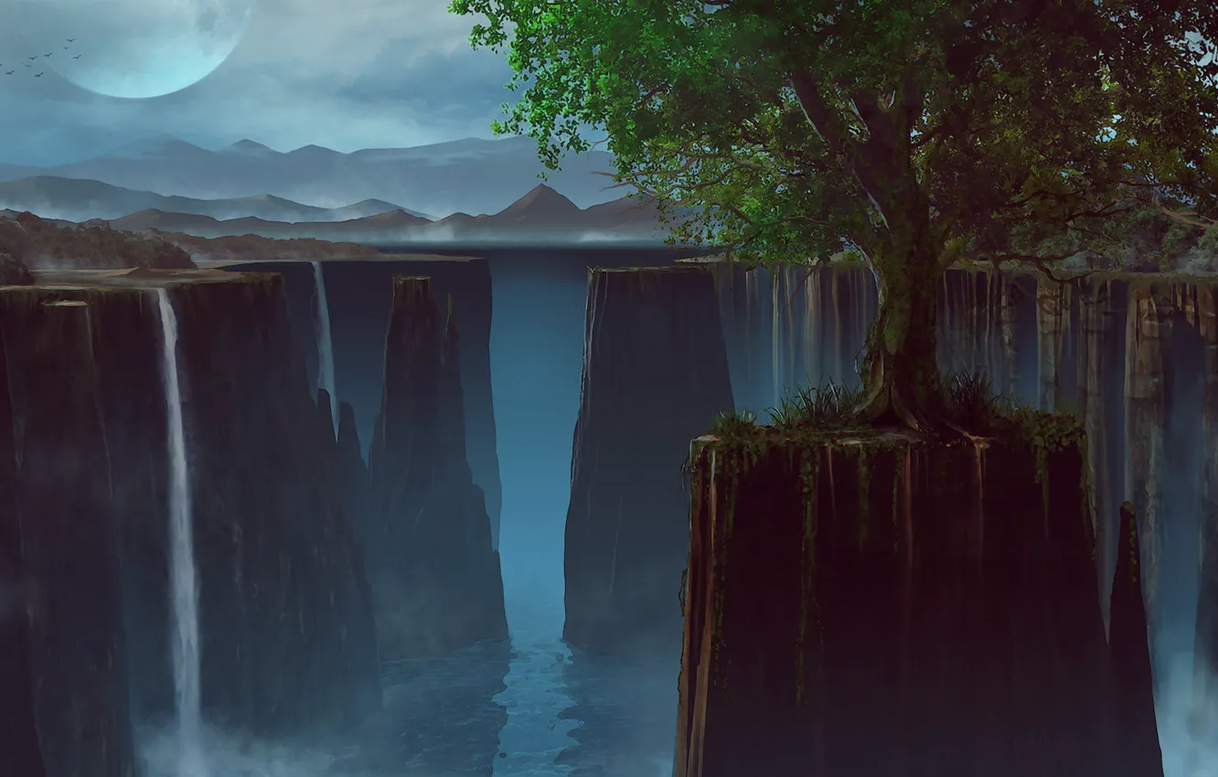 Фото обои ночь, дерево, скалы, водопад, The valley of the moon