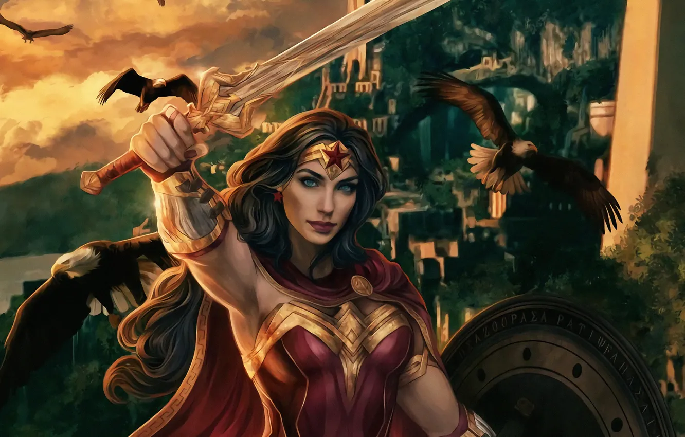 Фото обои взгляд, птицы, меч, герой, костюм, Wonder Woman, Чудо женщина
