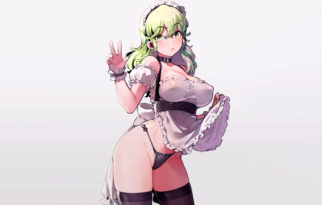 Фото обои girl, sexy, lingerie, pantsu, cleavage, panties, thighhighs, green eyes