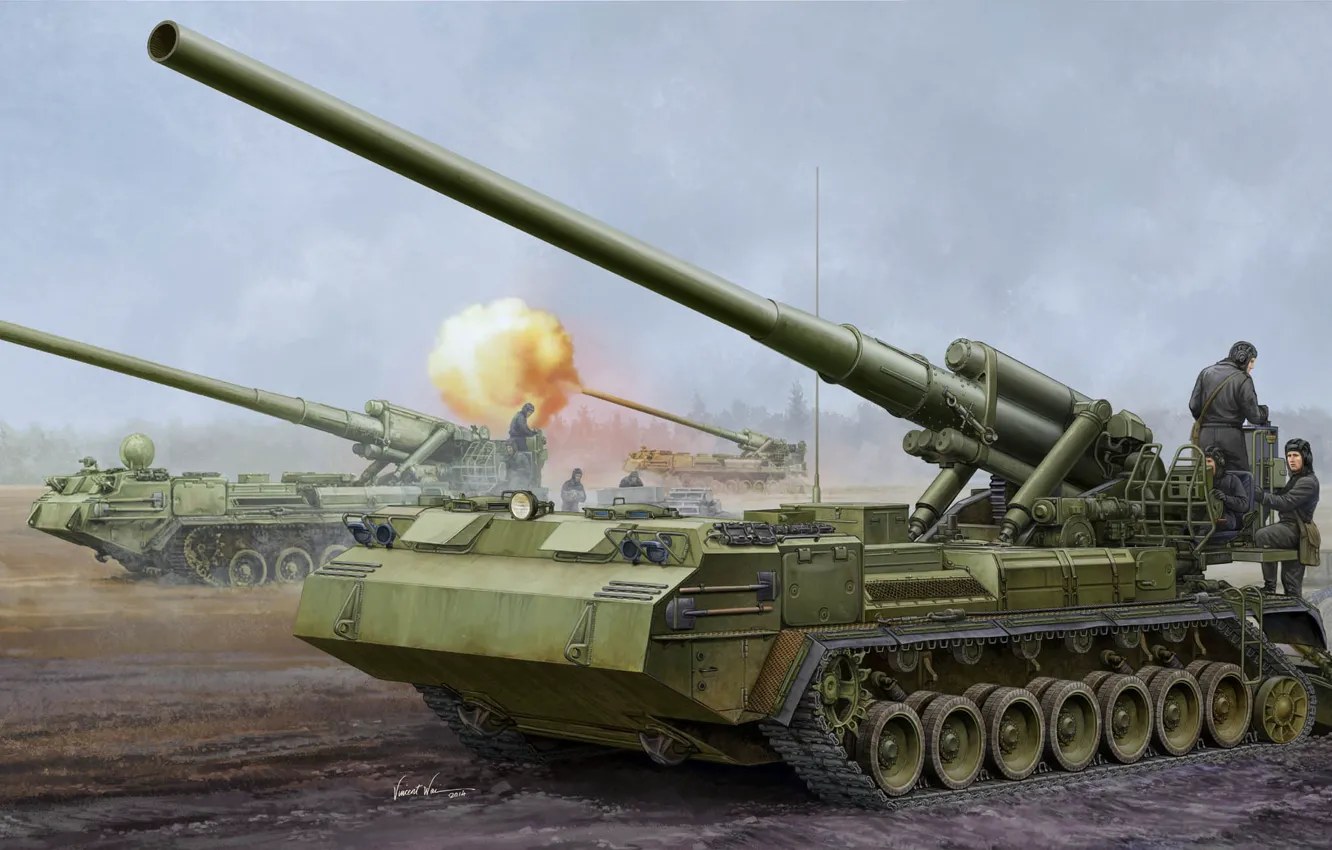 Фото обои арт, пушка, самоходная, Советская, Пион, 203-мм, 2С7М