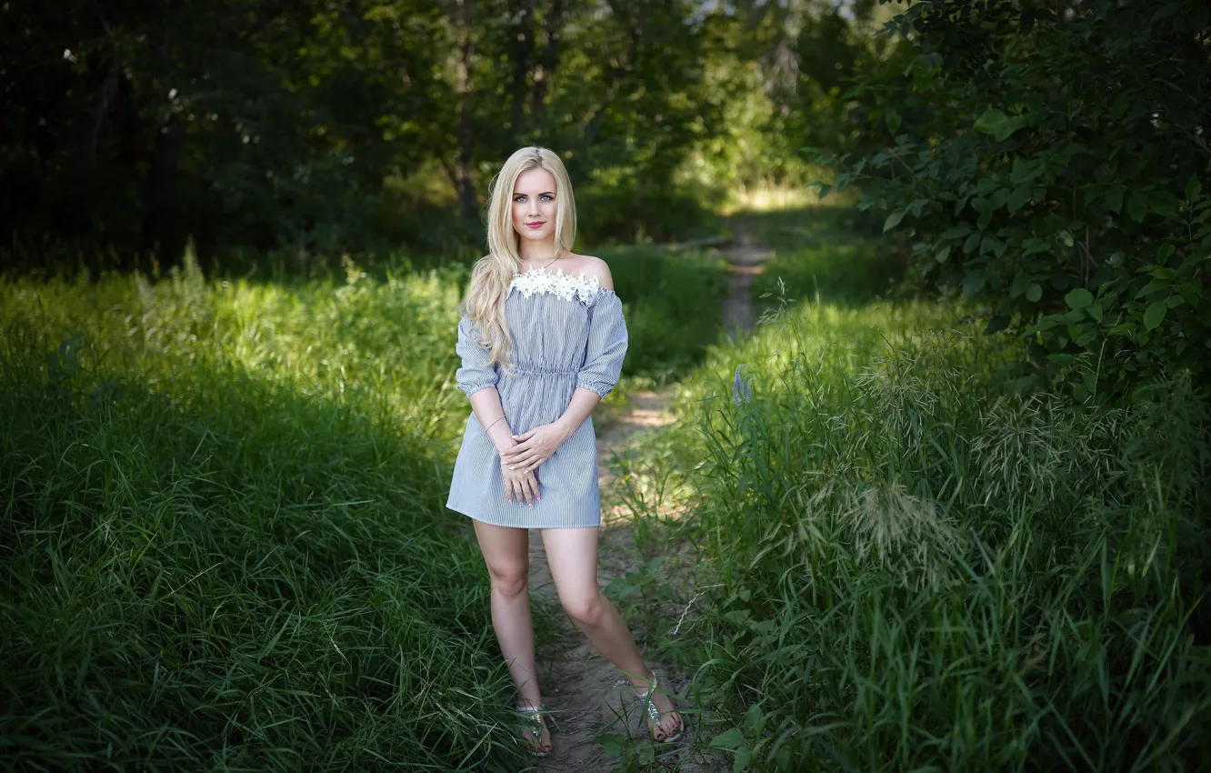 Фото обои Girl, Grass, Green, Dress, Blond, Sight