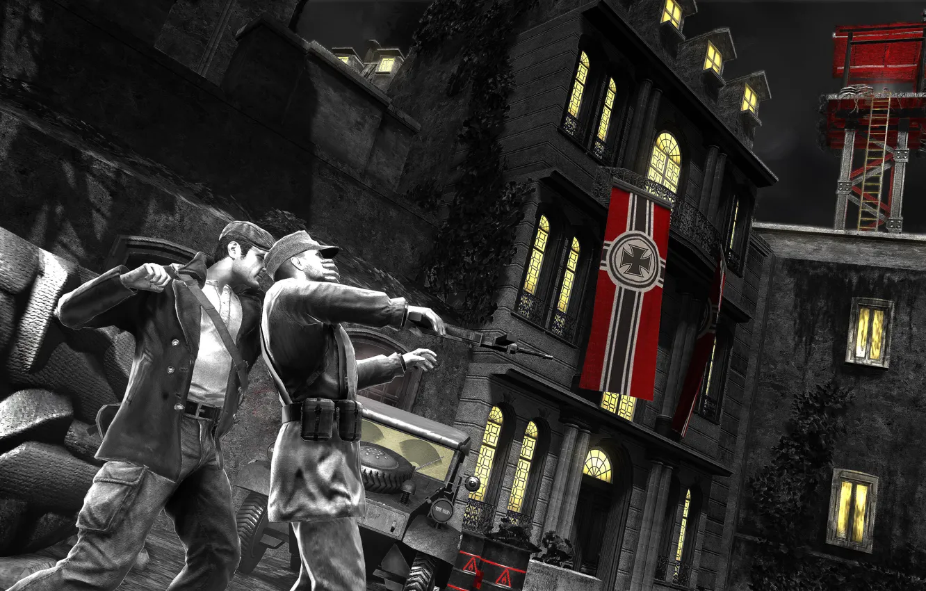 Фото обои ночь, игра, человек, здания, Германия, флаг, убийство., The Saboteur