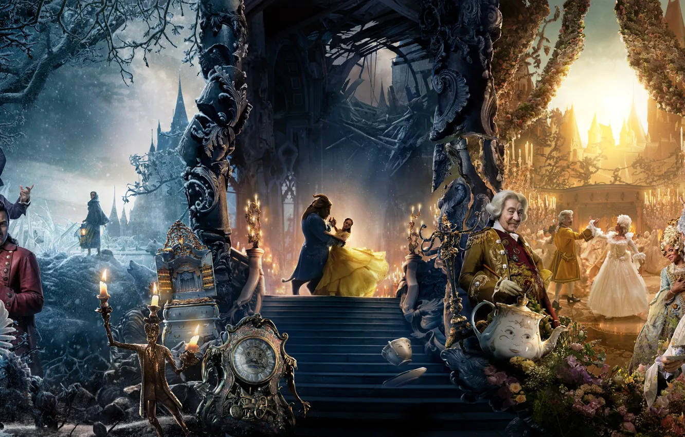 Фото обои фэнтези, Emma Watson, постер, Ian McKellen, Beauty and the Beast, Luke Evans, Красавица и чудовище, …