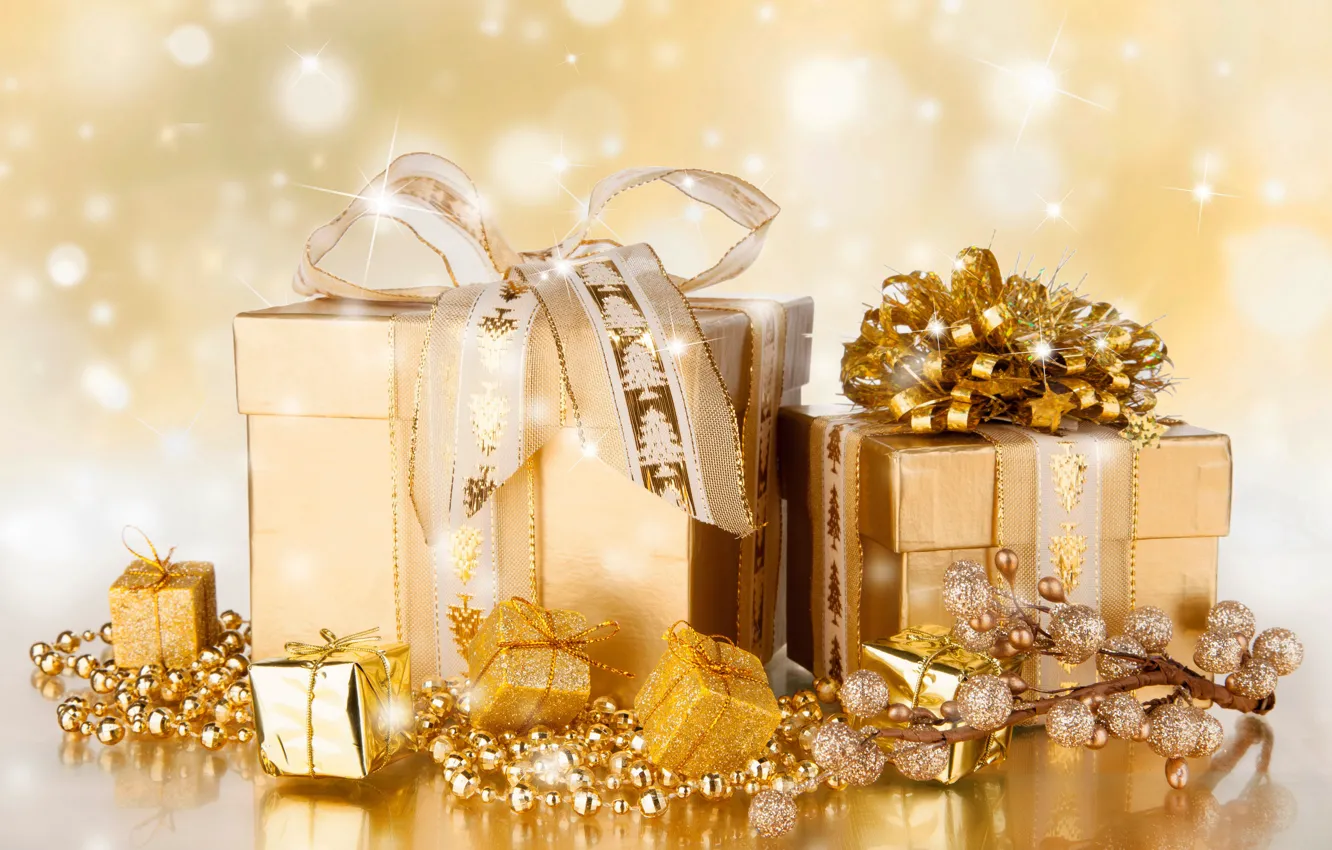 Фото обои ленты, праздник, подарки, Новый год, золотистый, коробки, New Year, банты