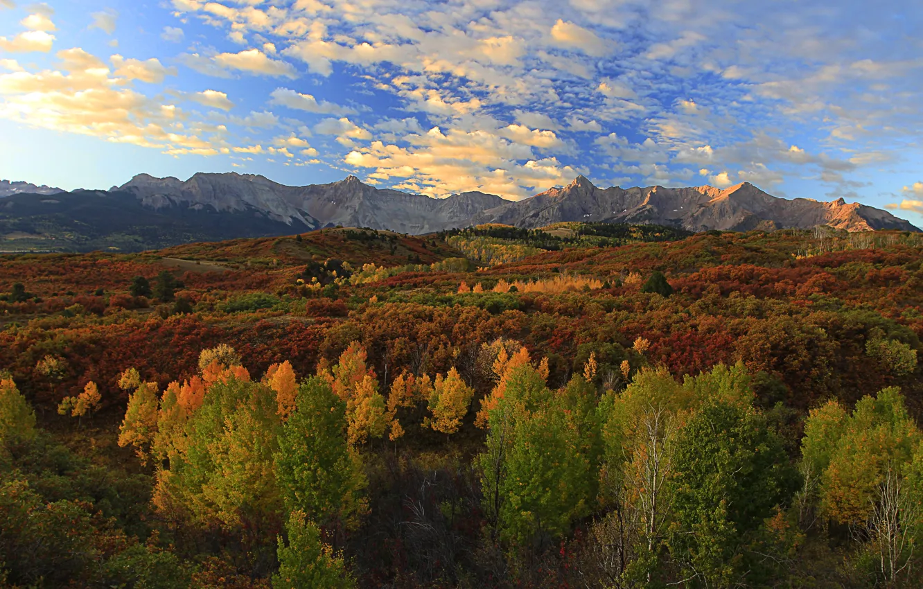 Фото обои осень, небо, облака, деревья, пейзаж, горы, время года