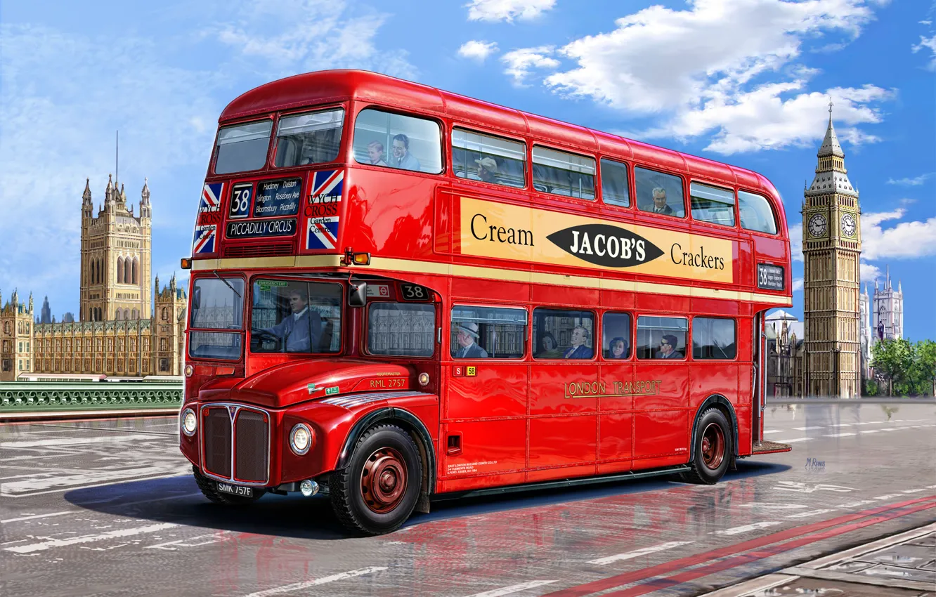 Фото обои красный, рисунок, Биг-Бен, автобус, Вестминстерский дворец, Big Ben, Westminster Palace, Michal Reinis