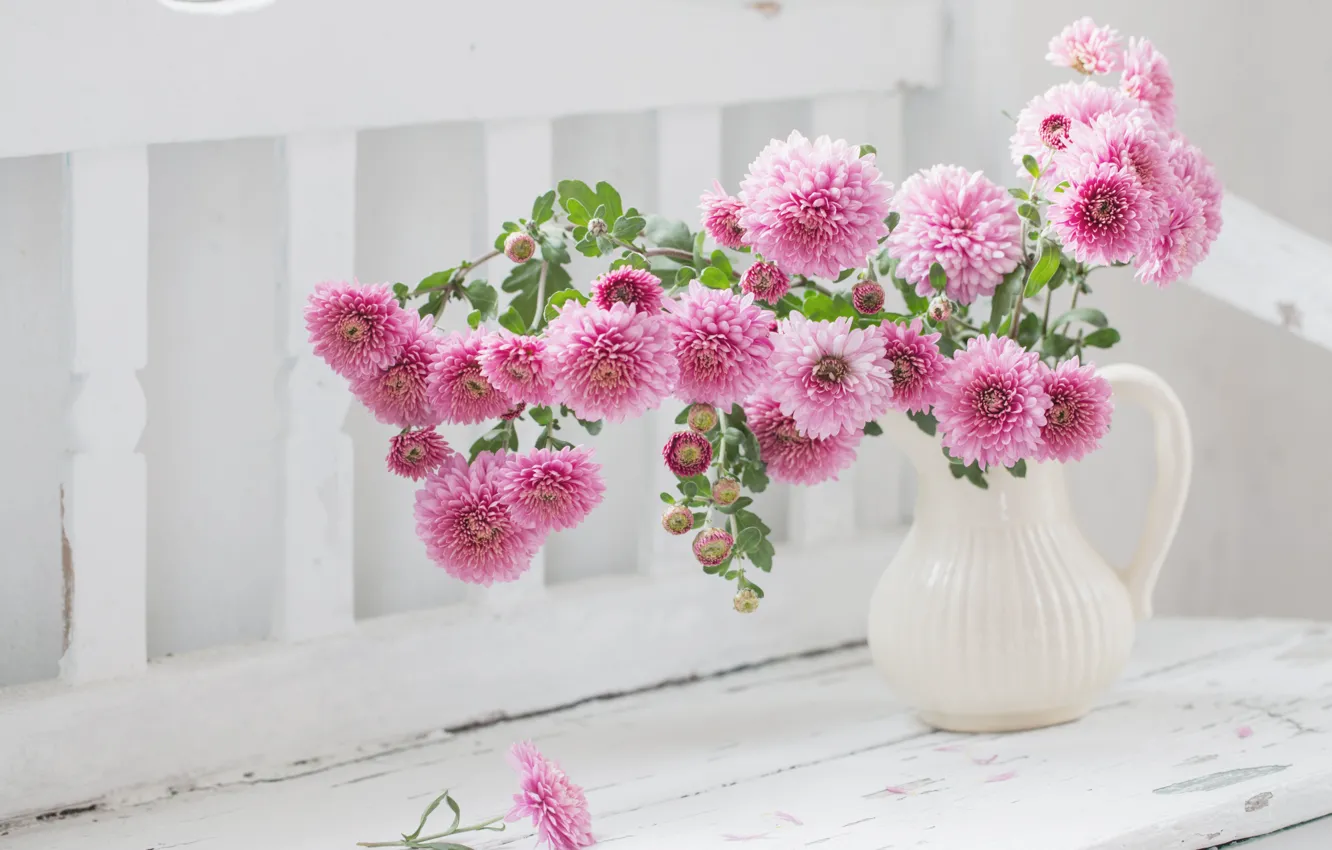 Фото обои цветы, скамейка, букет, розовые, кувшин, хризантемы, Maya Kruchenkova