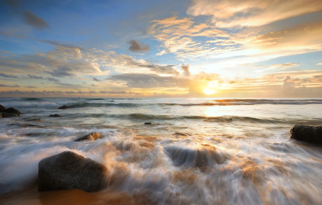 Фото обои песок, море, волны, пляж, лето, закат, камни, summer