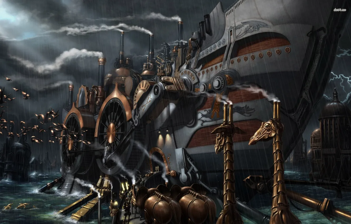 Фото обои вода, ночь, дельфин, дождь, корабль, арт, steampunk, ship