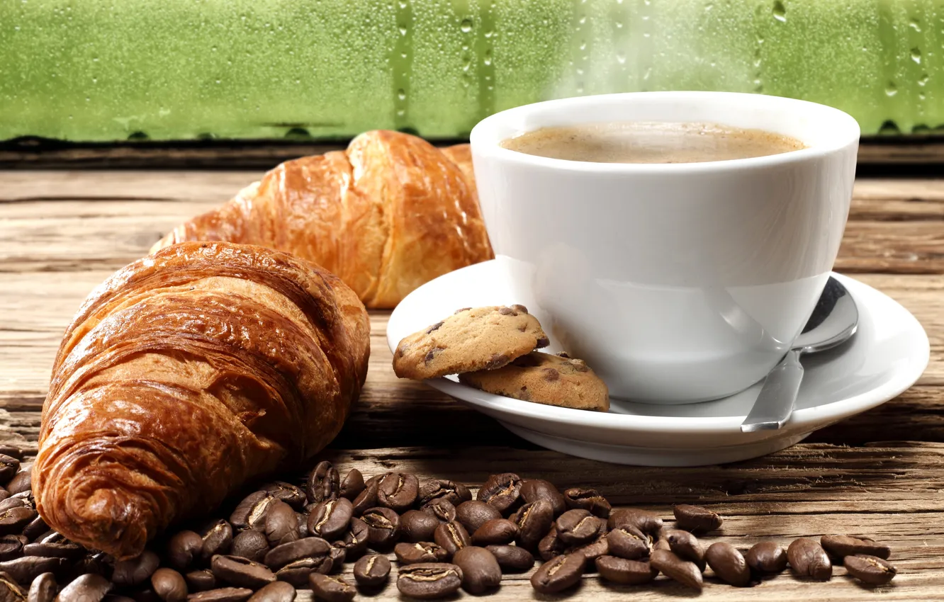Фото обои кофе, печенье, кофейные зерна, coffee, круассаны, biscuits, coffee beans, croissants