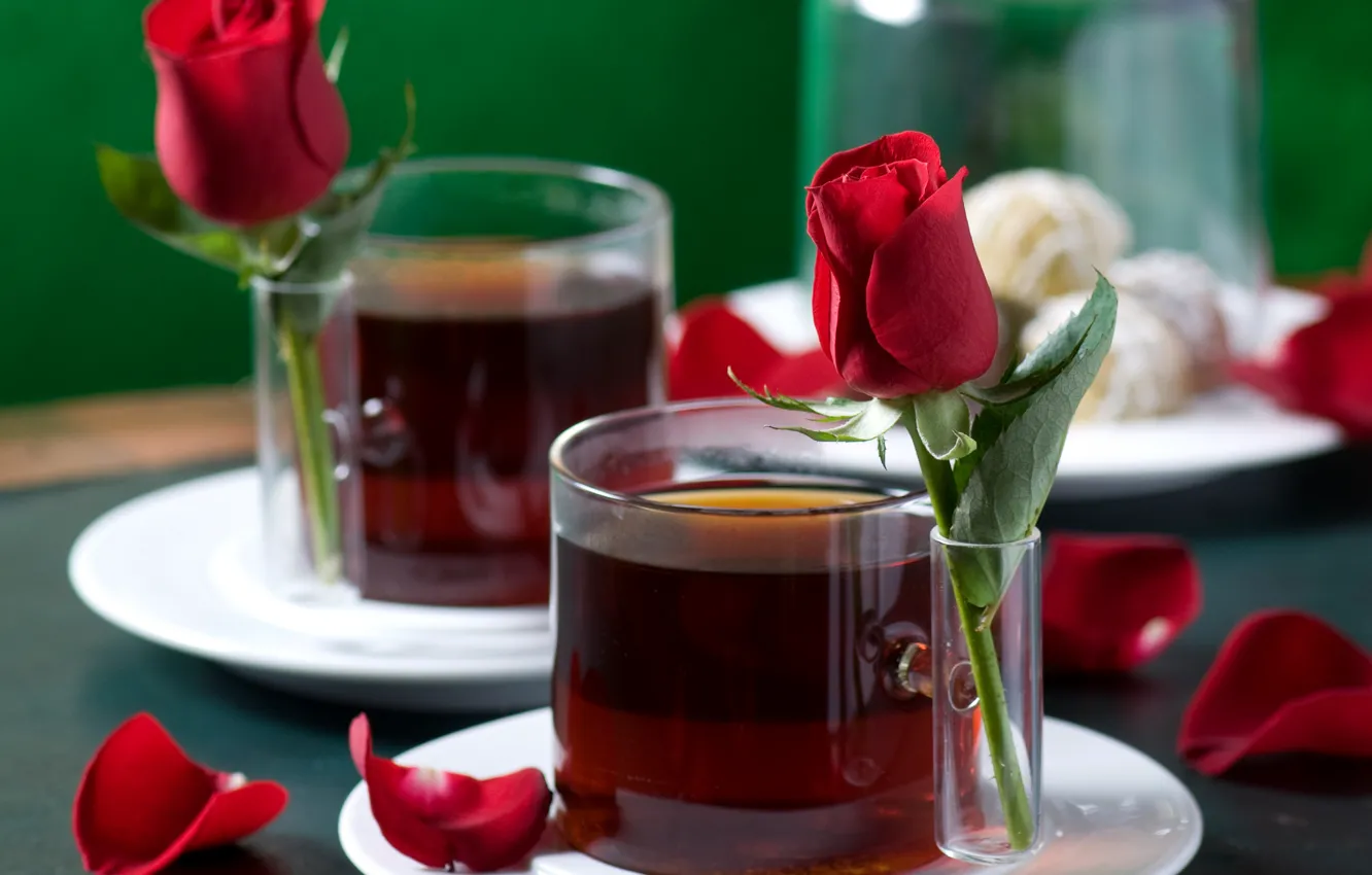 Фото обои любовь, чай, романтика, настроения, роза, розы, лепестки, чашки