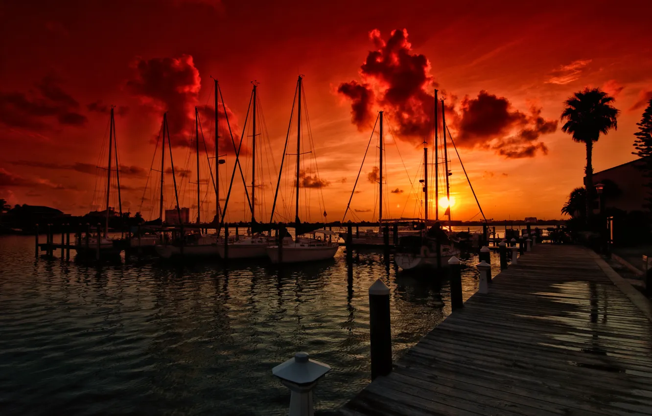 Фото обои закат, лодки, сумерки, гавань, парусники, Доки, Марина