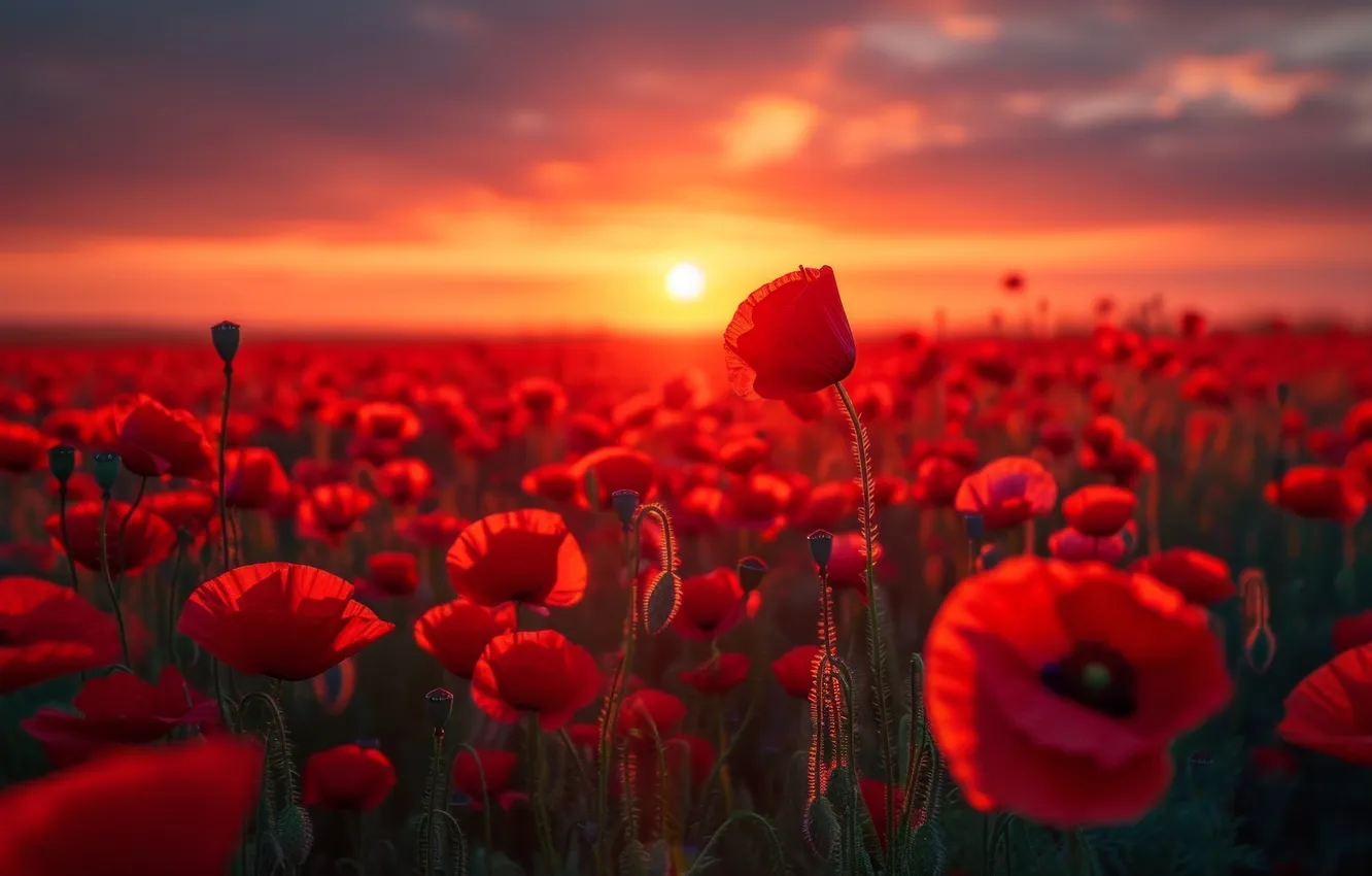 Фото обои поле, лето, небо, солнце, облака, лучи, закат, цветы