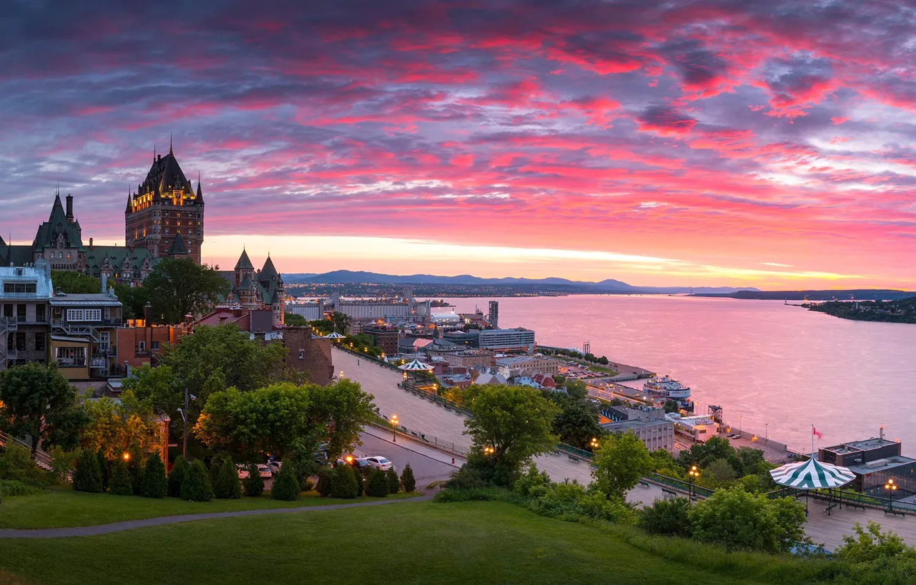 Фото обои пейзаж, дома, вечер, Канада, Квебек, замок Фронтенак